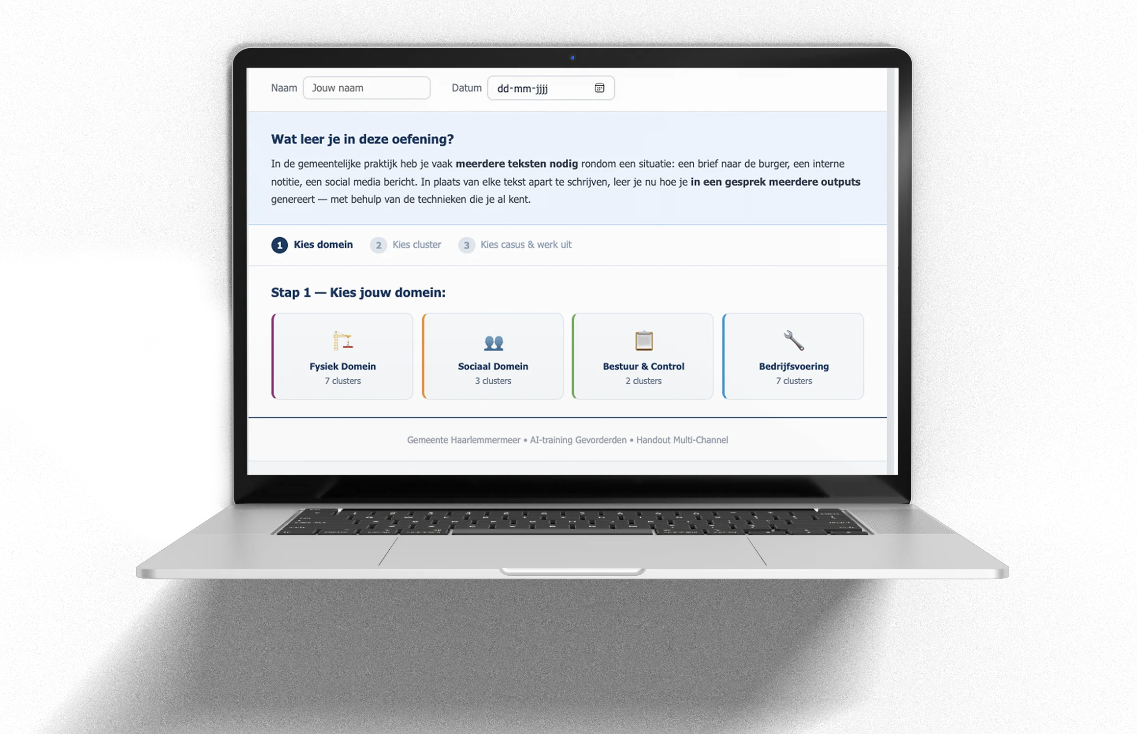 Mockup van het workshop-portaal voor Gemeente Haarlemmermeer: ambtenaren kiezen hun domein en cluster, oefeningen passen zich daarop aan